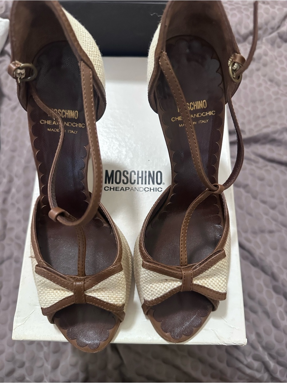 Moschino cheap & chic Tan & Brown Raffia Peep-Toe t strap wedge Heels Sz 9 39